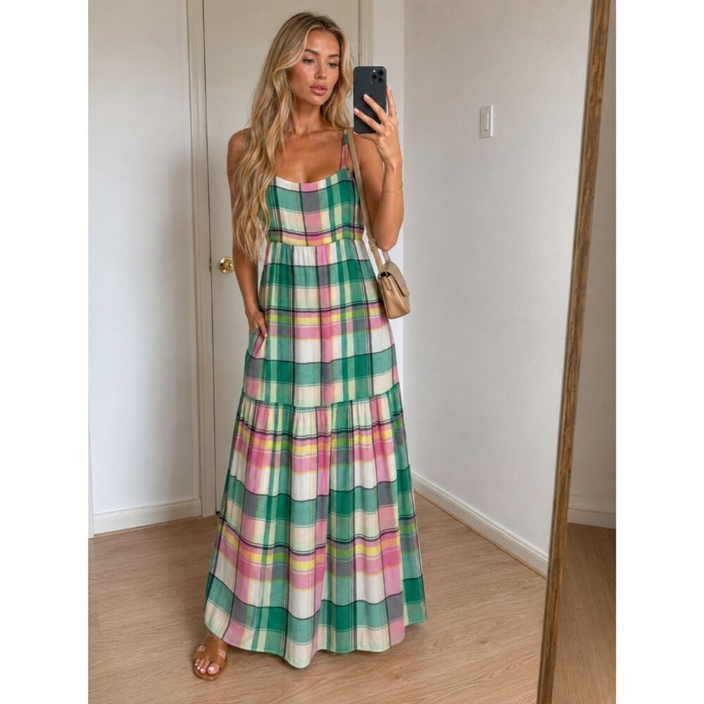 LOFT Plaid Gauze Tiered Maxi Dress Pockets Petites LP